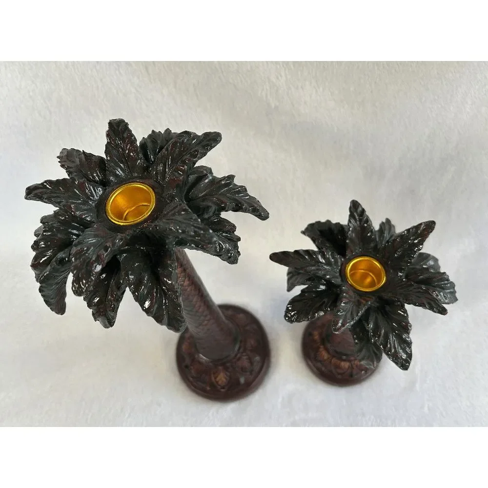 Resin Art Deco Tropical Palm Tree Candle Holders Set, Woven, Heavy, 14